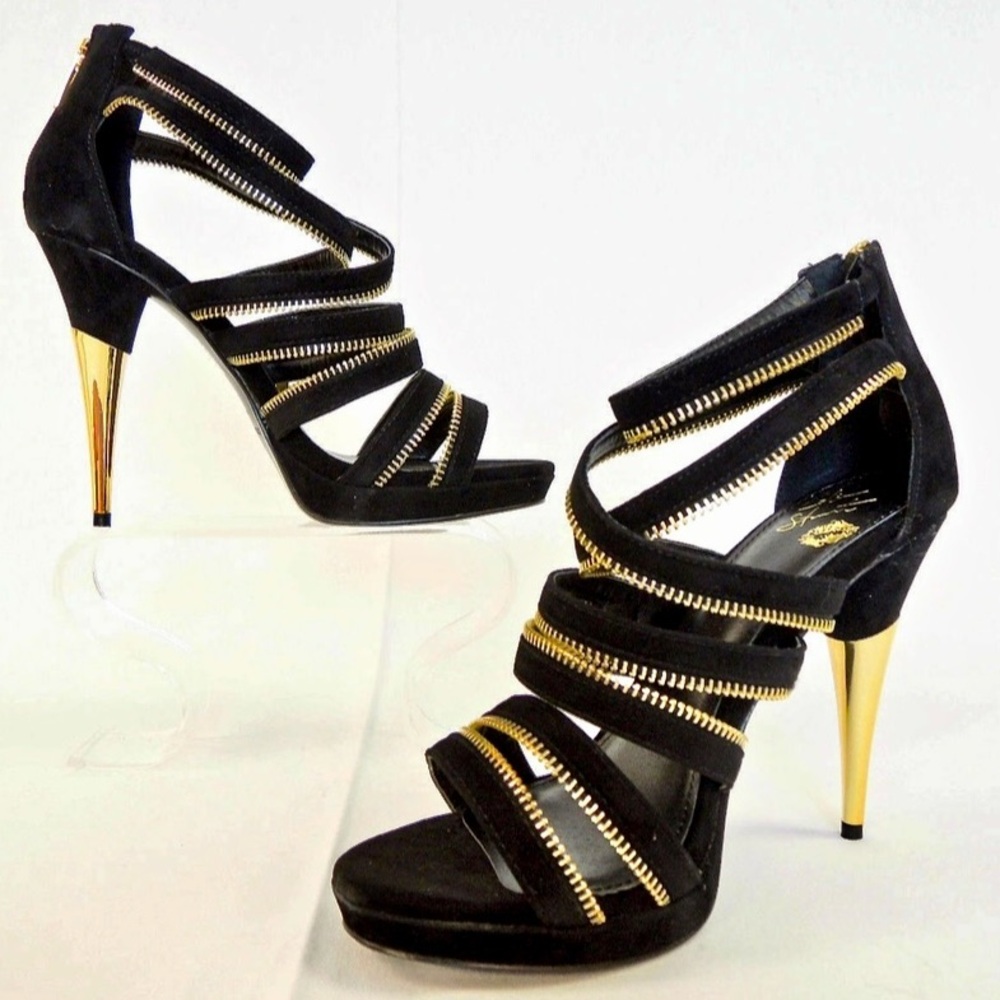 COLIN STUART  BLACK SUEDE  w/ GOLD STILETTO HEELS AND GOLD ZIPPERS — NEW - 8.5